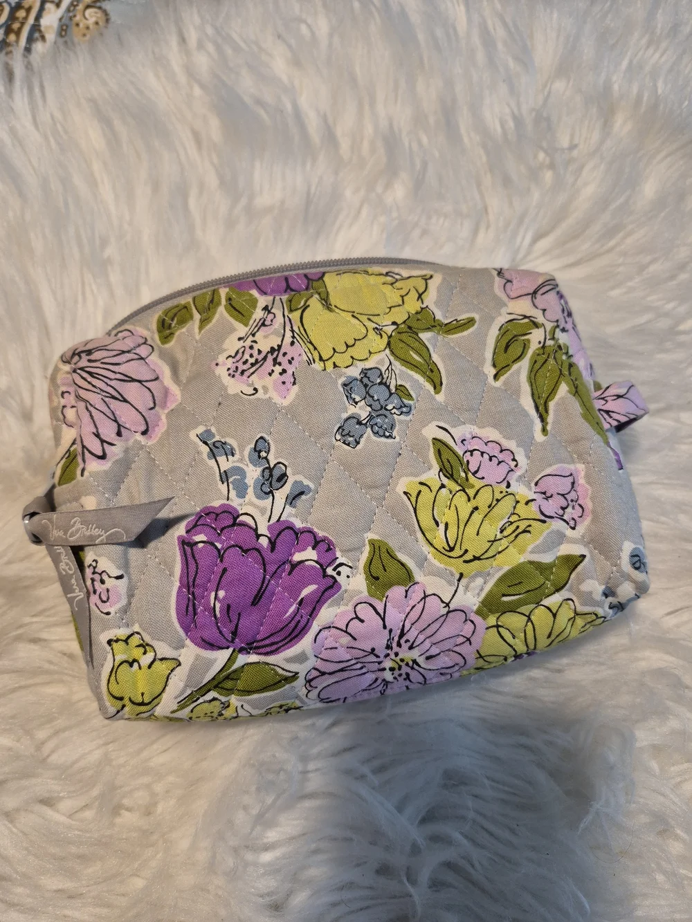 Vera Bradley Gray Quilted Floral Cosmetic Bag - Pink & Purple Flowers
